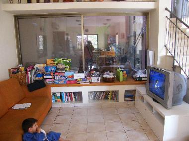 Le coin tele et le patio (derriere les vitres)