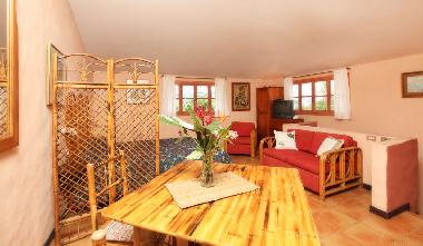 Studio: salon avec lit "queen", TV, Internet cable, etc.