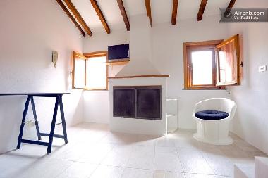 living room with chimney