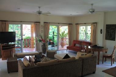 Le salon avec sa tele ecran plat , vue sur ce tres beau jardin