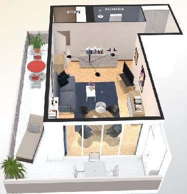 Vue g�n�rale: s�jour, cuisine, salle de bain, entr�e, terrasse